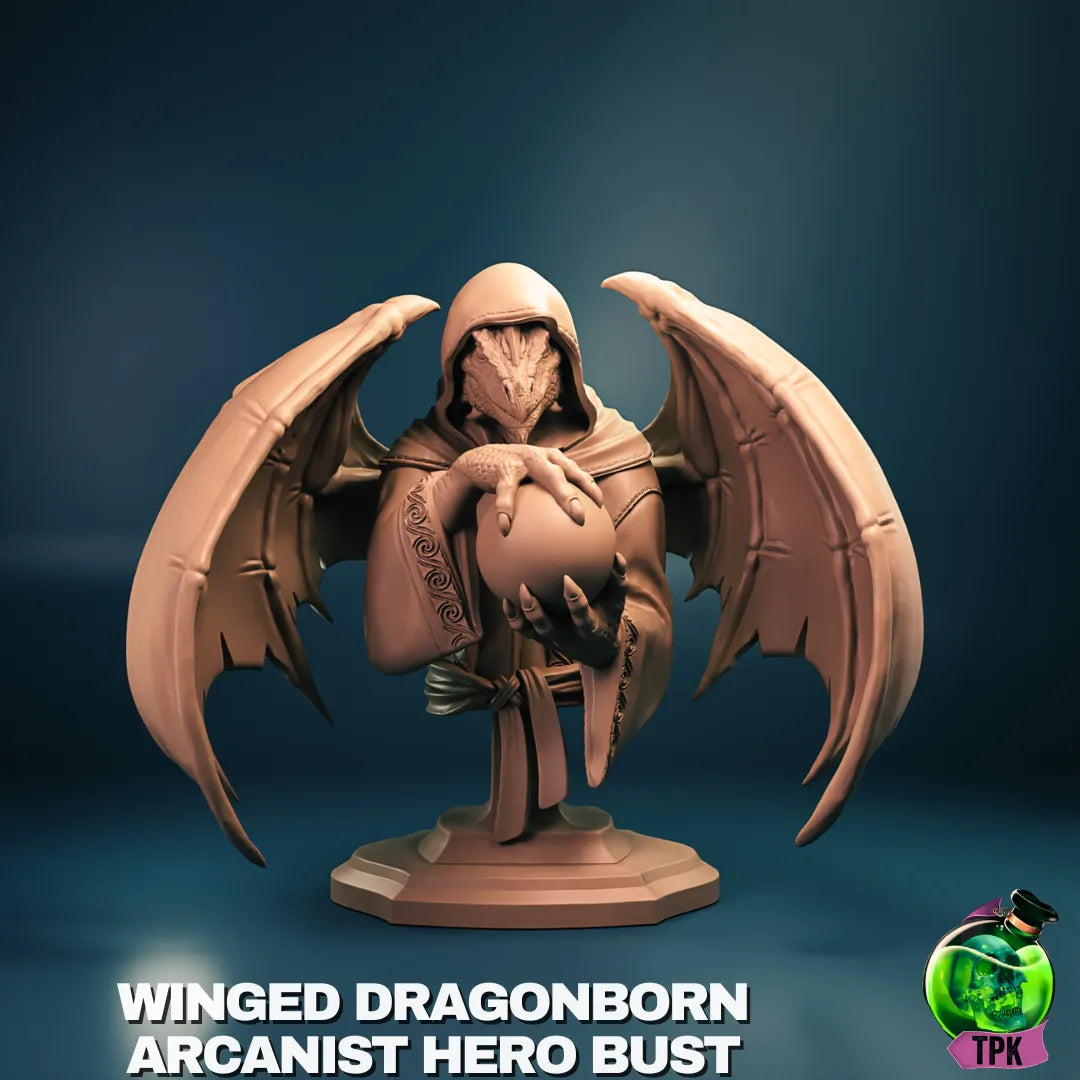 Dragonborn Arcanist miniature from Tattles Told 3D, detailed tabletop gaming figure with mystical robes and arcane staff.