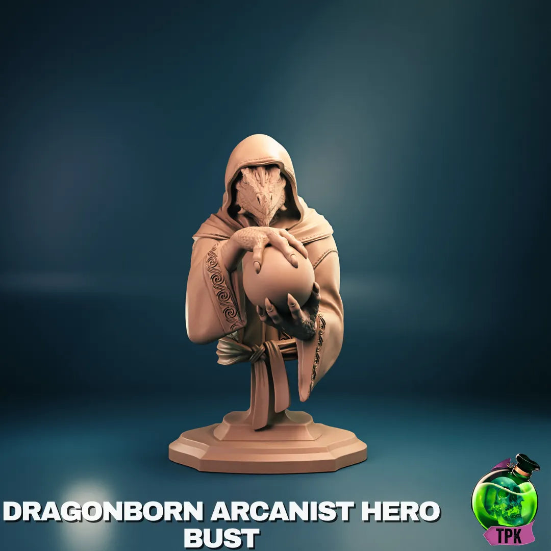 Dragonborn Arcanist miniature by Tattles Told 3D, tabletop gaming figure showcasing a detailed dragonborn character with arcane staff.