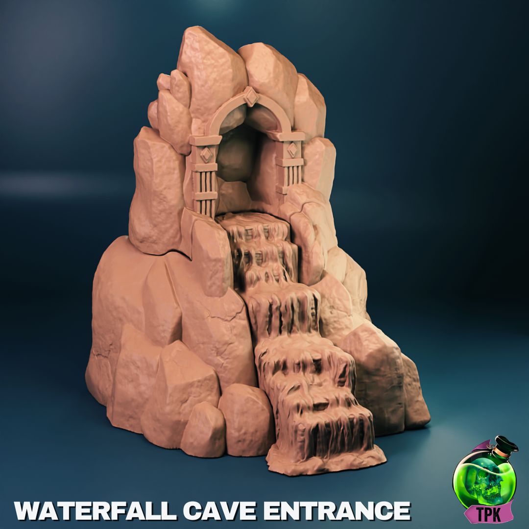 Tattles Told 3D Waterfall Cave Entrance Terrain miniature for tabletop gaming, featuring detailed rocky cave with flowing waterfall.