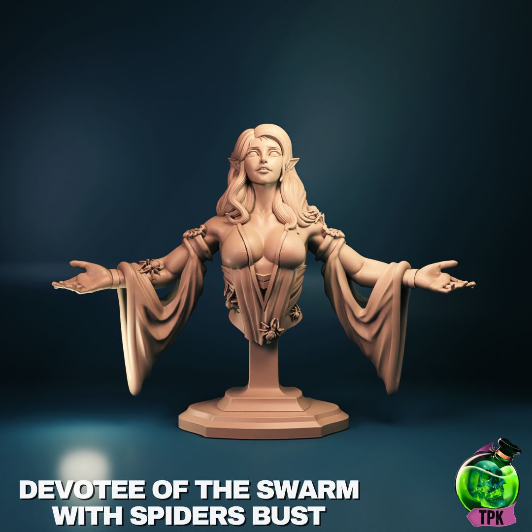 Devotee of the Spider Goddess miniature by Tattles Told 3D, featuring a detailed tabletop gaming figure with spider-themed armor and staff.