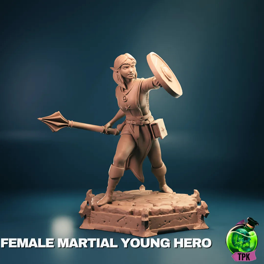 Female young martial arts miniature figure by Tattles Told 3D for tabletop gaming or display, featuring a dynamic pose and detailed sculpting.