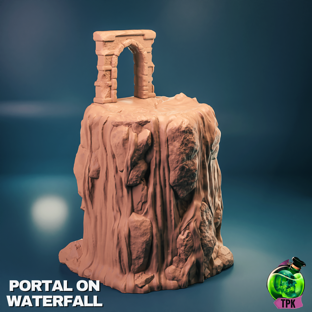 Tattles Told 3D Waterfall Terrain miniature for tabletop gaming, featuring detailed rocky waterfall scene for miniatures.