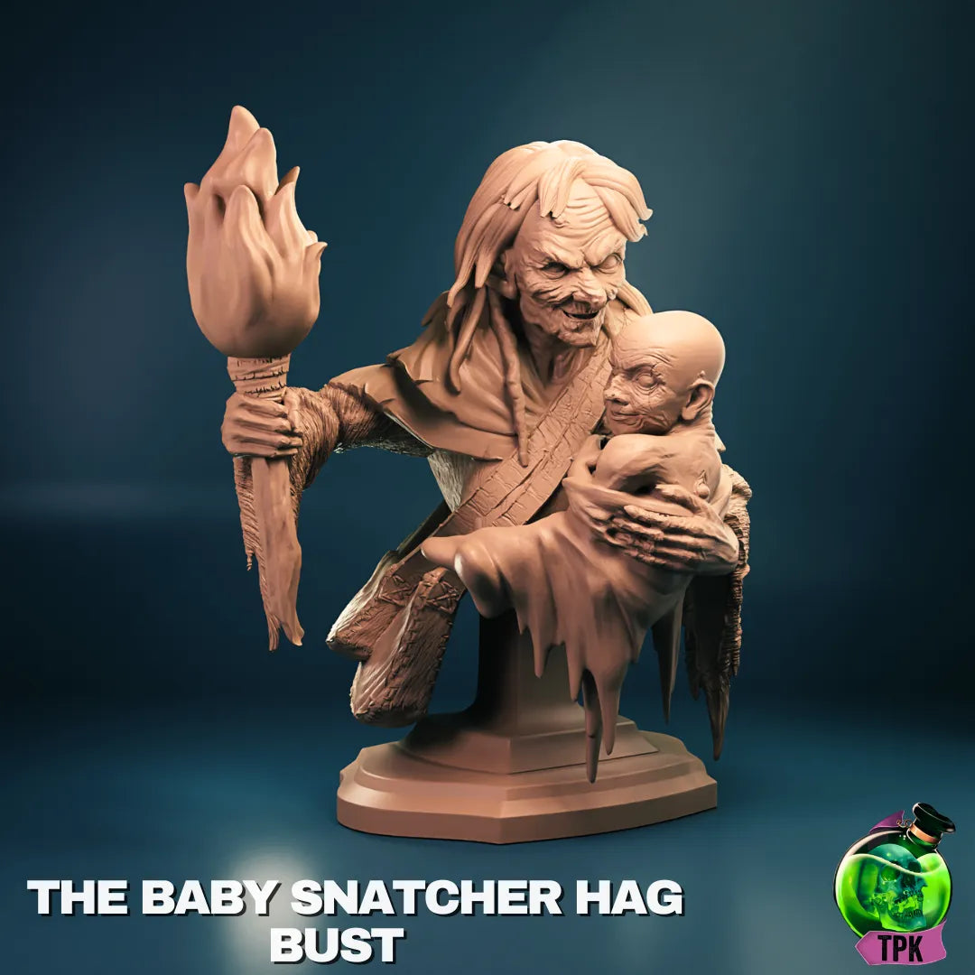 Tattles Told 3D Baby Snatcher Hag miniature for tabletop gaming, detailed figure with eerie, fantasy-inspired design.