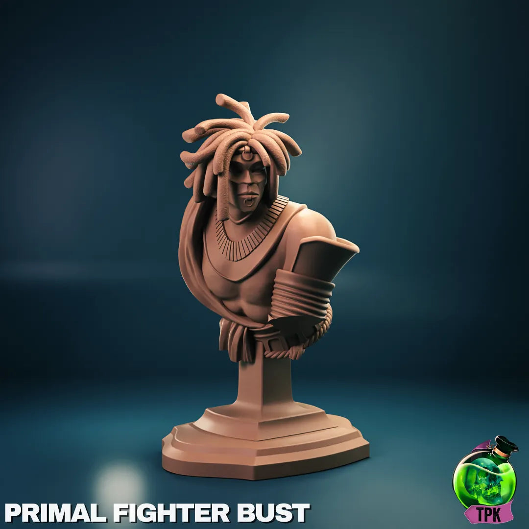 Miniature figure of a primal fighter from Tattles Told 3D, designed for tabletop gaming, shown in a detailed pose.
