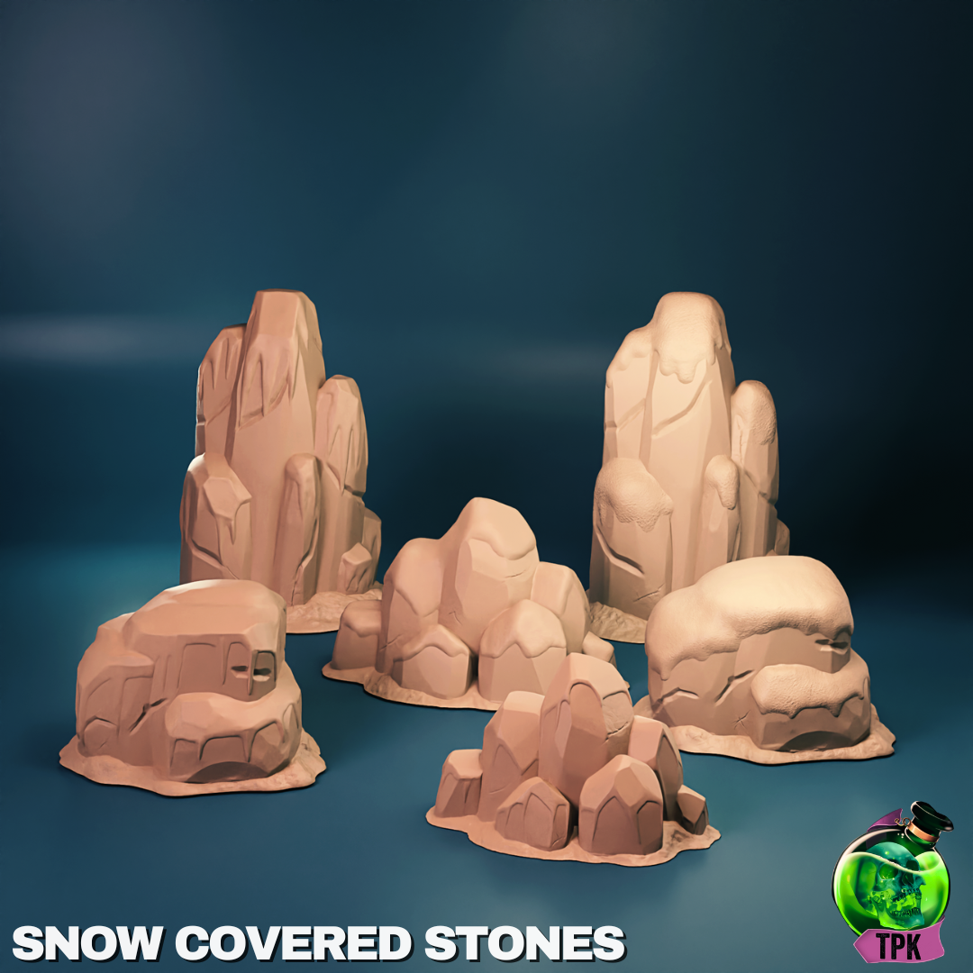 Six Snow Covered Stones Scatter | Tabletop Gaming Mini | TPKLab - Tattles Told 3D