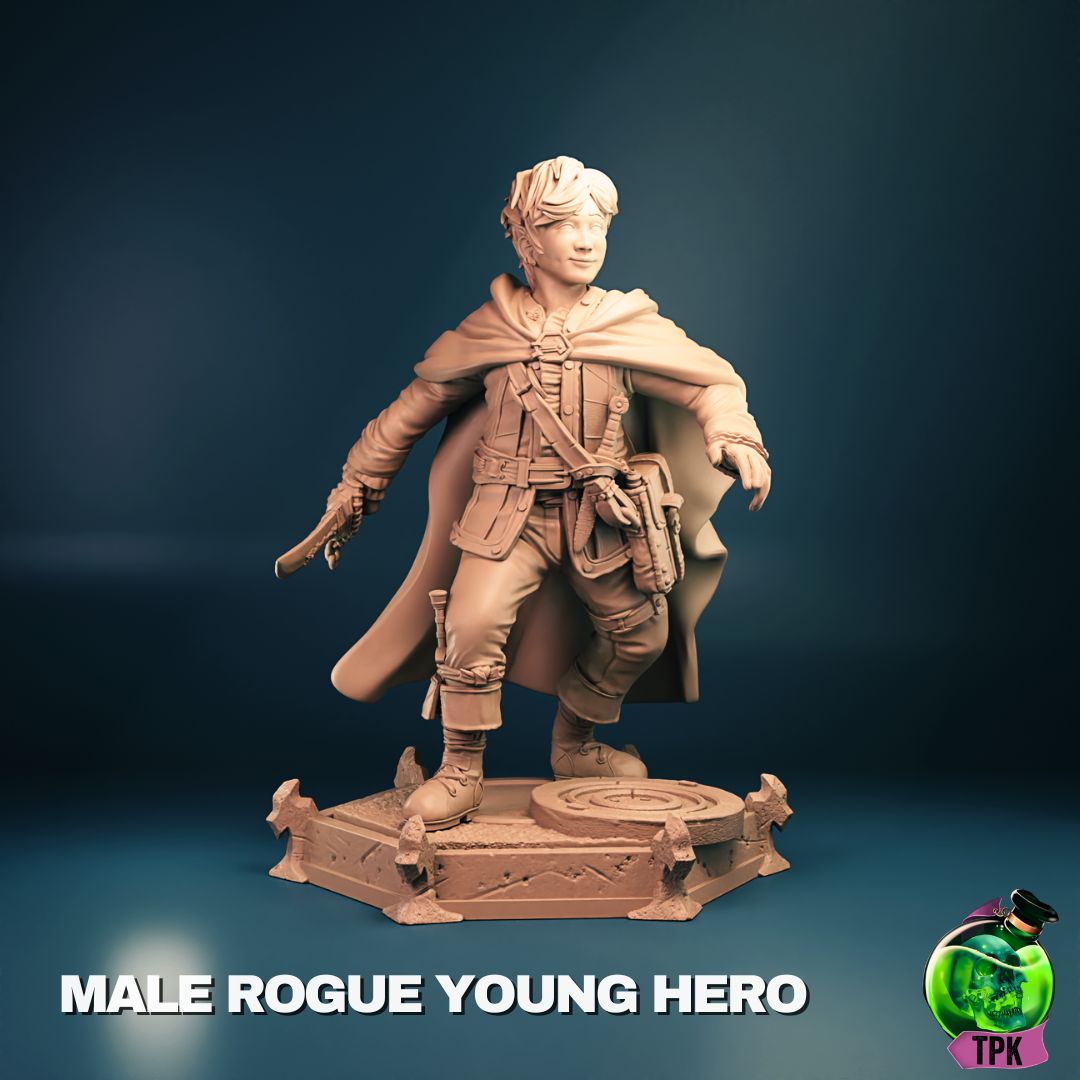 Male Young Rogue miniature figure by Tattles Told 3D, tabletop gaming or display mini with detailed sculpt and dynamic pose.