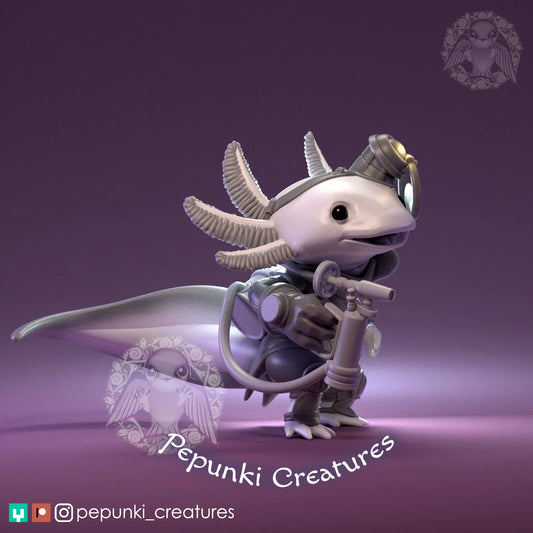 Axolotl Mechanic | Tabletop or Display Scale | D&D Humblewood TTRPG Miniature | Pepunki Creatures