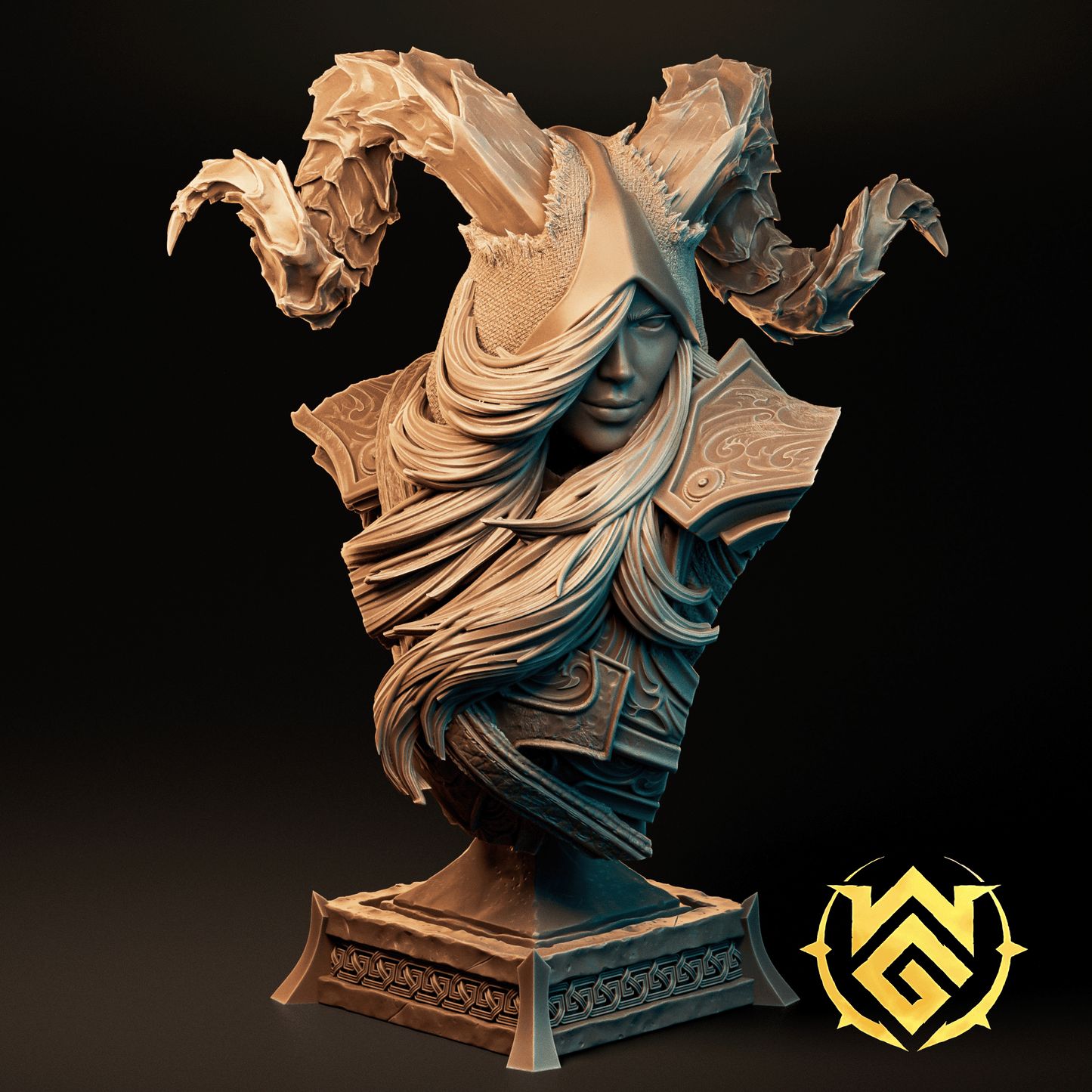 Chaotic Arrow-Wright TTRPG D&D miniature by Tattles Told 3D, featuring a detailed bust render with logo for The Witchguild.