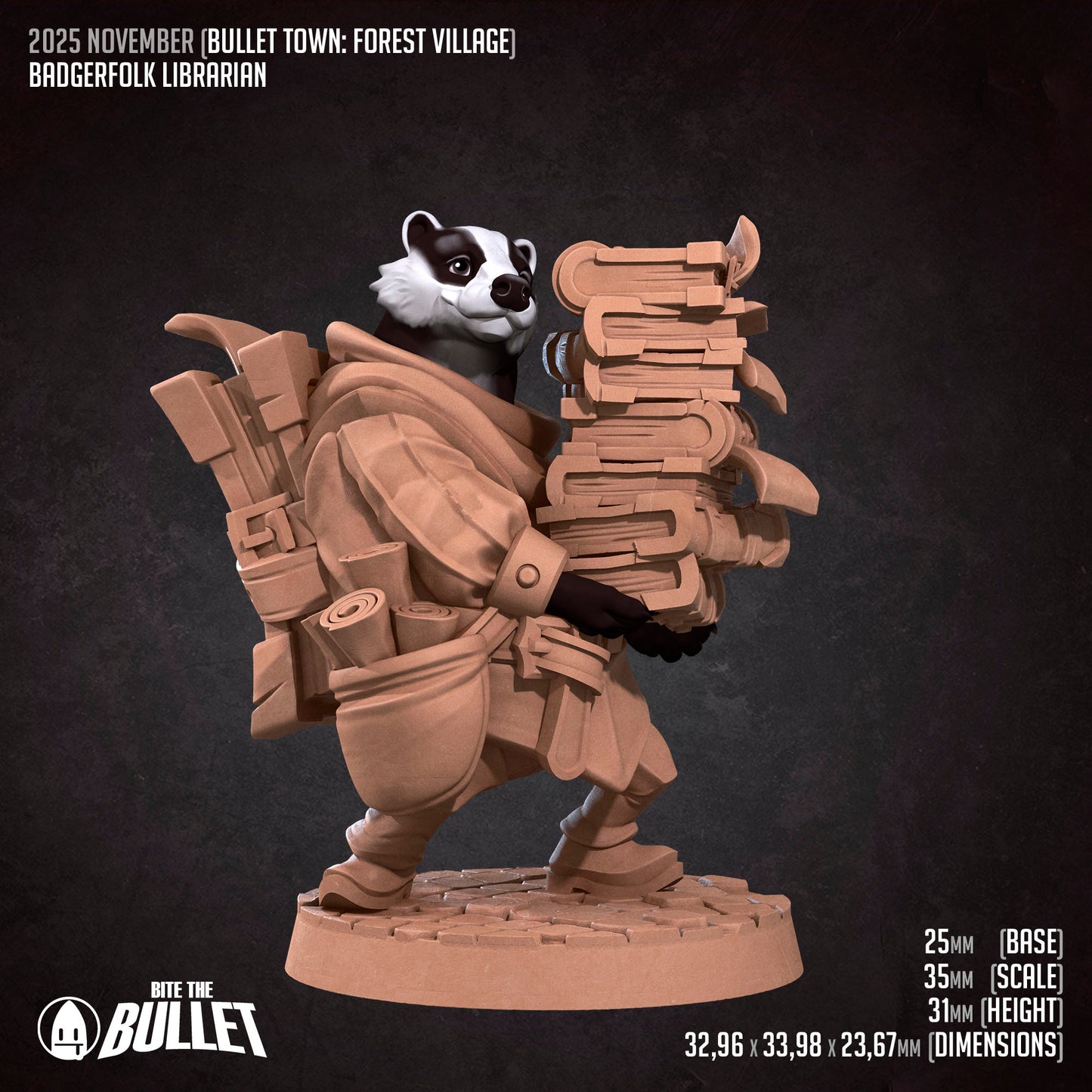 Bullet Town Forest Village, Badgerfolk Librarian | D&D Pathfinder TTRPG Miniature | Bite the Bullet