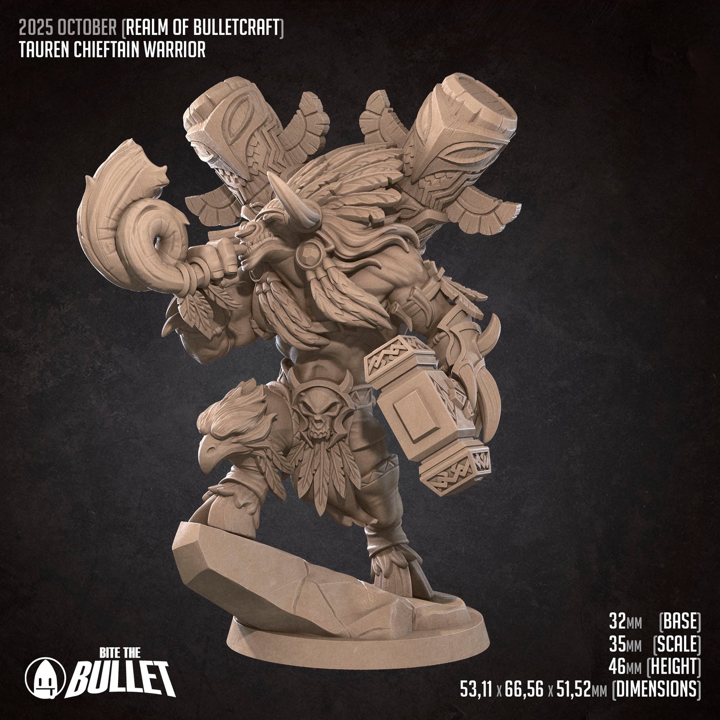 Realm of Bulletcraft, Tauren Chieftain Warrior | D&D Pathfinder TTRPG Miniature | Bite the Bullet