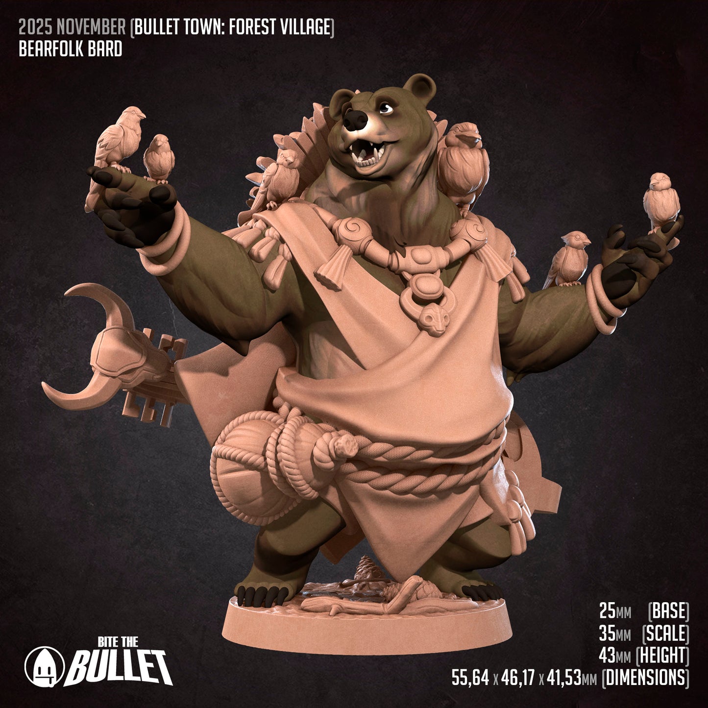 Bullet Town Forest Village, Bearfolk Bard | D&D Pathfinder TTRPG Miniature | Bite the Bullet