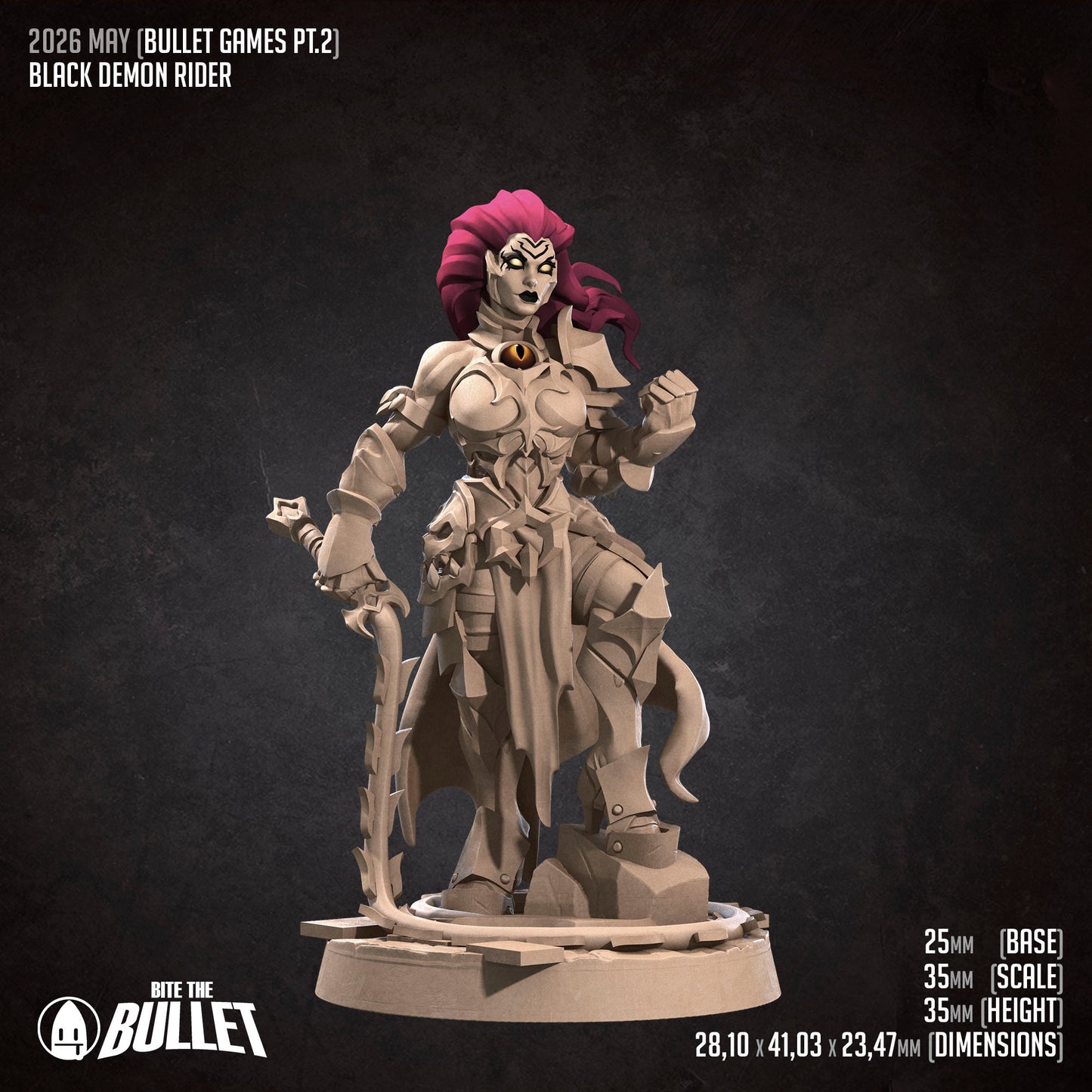 Black Demon Rider miniature from Tattles Told 3D, featuring a menacing demon with detailed armor and weaponry for D&D TTRPG gameplay.