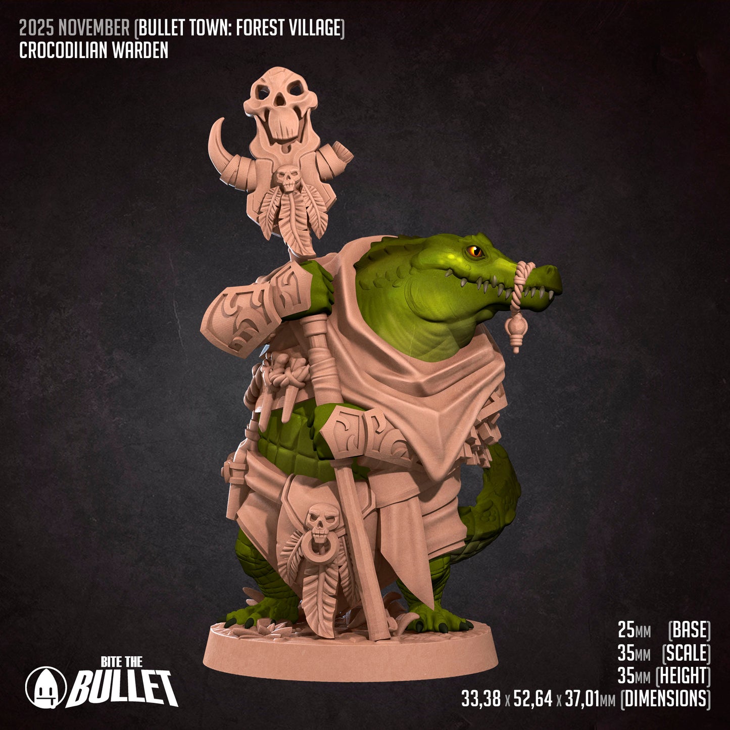 Bullet Town Forest Village, Crocodilian Warden | D&D Pathfinder TTRPG Miniature | Bite the Bullet