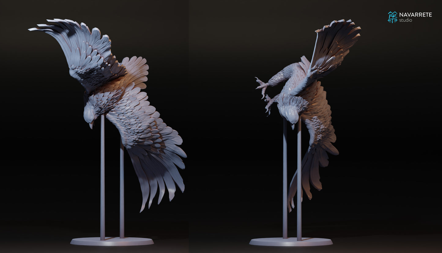 Giant eagle tabletop gaming miniature by Tattles Told 3D, detailed eagle figure for fantasy gaming, placed on a display stand.