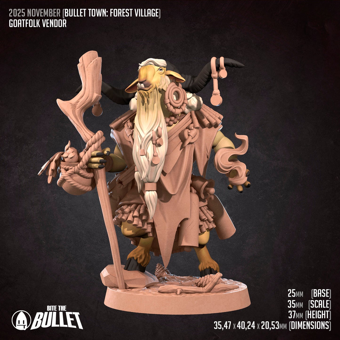 Bullet Town Forest Village, Goatfolk Vendor | D&D Pathfinder TTRPG Miniature | Bite the Bullet