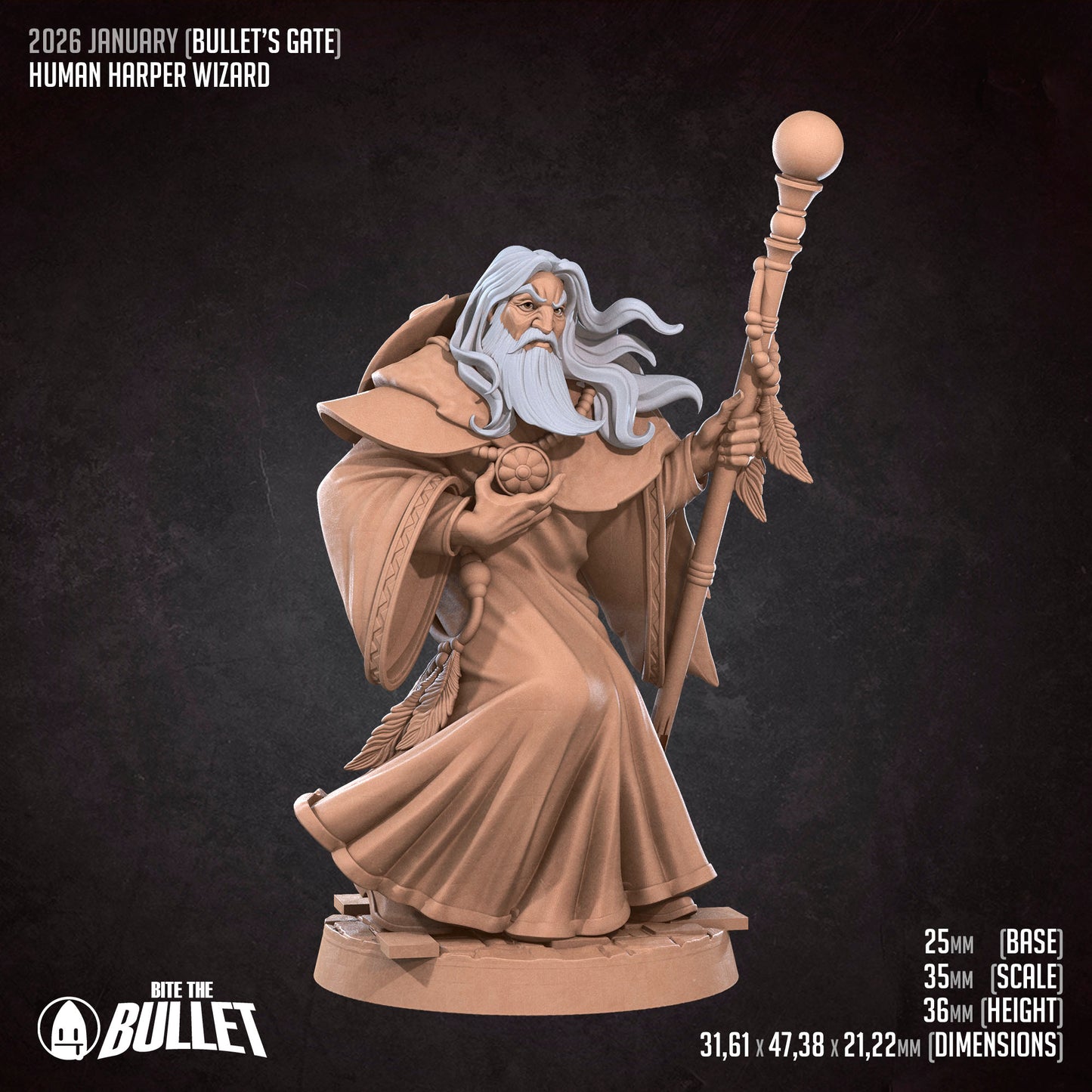 Human Harper Wizard | D&D Pathfinder TTRPG Miniature | Bite the Bullet