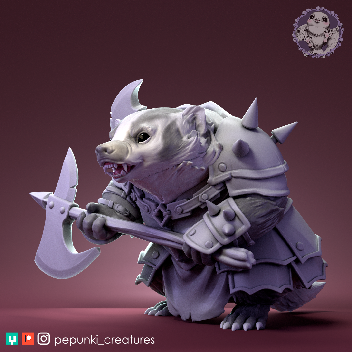 Warrior Badger | Tabletop or Display Scale | D&D Humblewood TTRPG Miniature | Pepunki Creatures