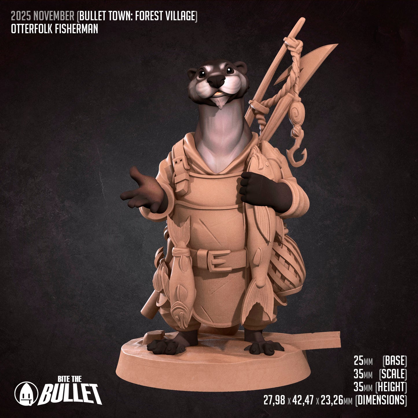 Bullet Town Forest Village, Otterfolk Fisherman | D&D Pathfinder TTRPG Miniature | Bite the Bullet