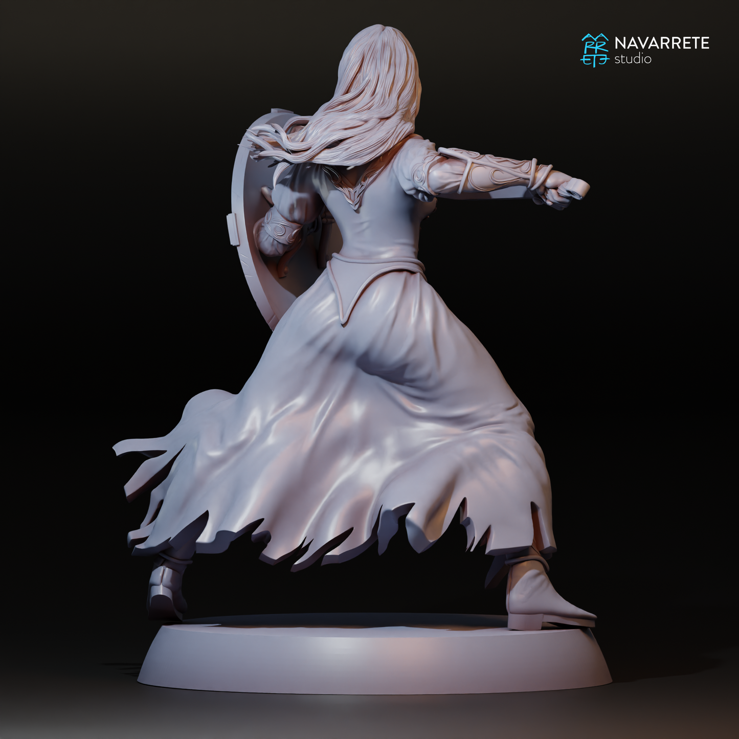 Render of Lyssandra, Daughter of Dusk tabletop gaming miniature by Tattles Told 3D, showing her detailed armor and mystical pose.