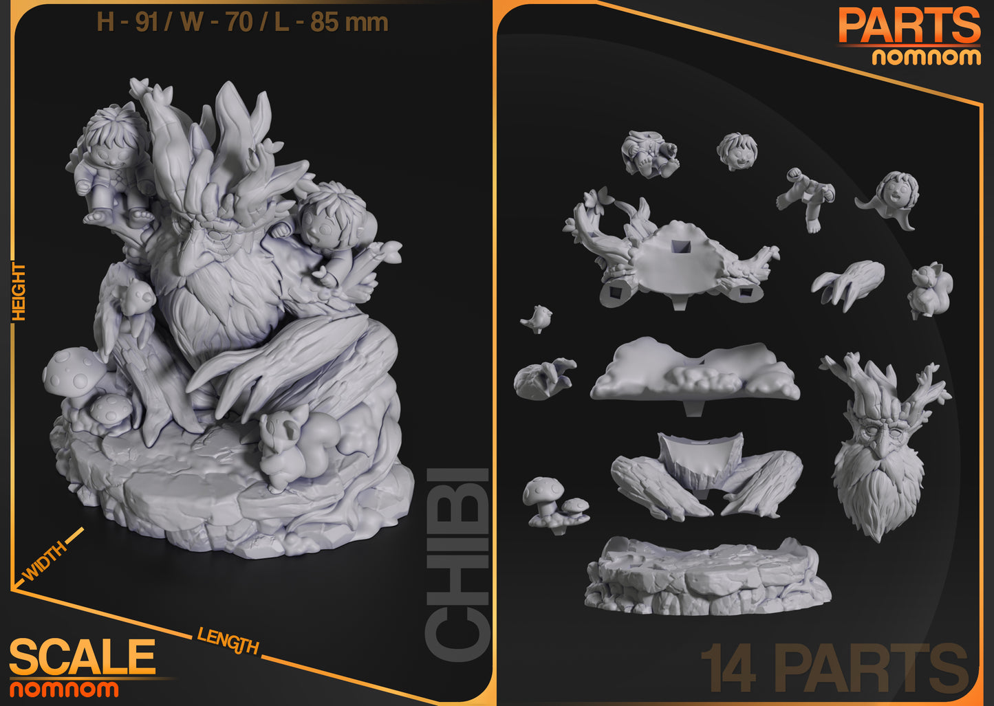 Resin garage kit figure of a chibi walking tree by Tattles Told 3D, featuring detailed anime fan art design.