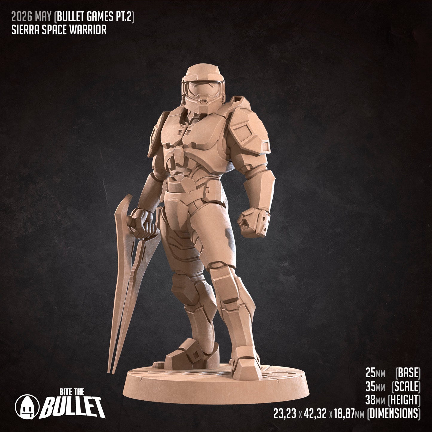 Detailed image of Sierra Warrior D&D TTRPG miniature by Tattles Told 3D, featuring a warrior figure with armor and weapon ready for gameplay.
