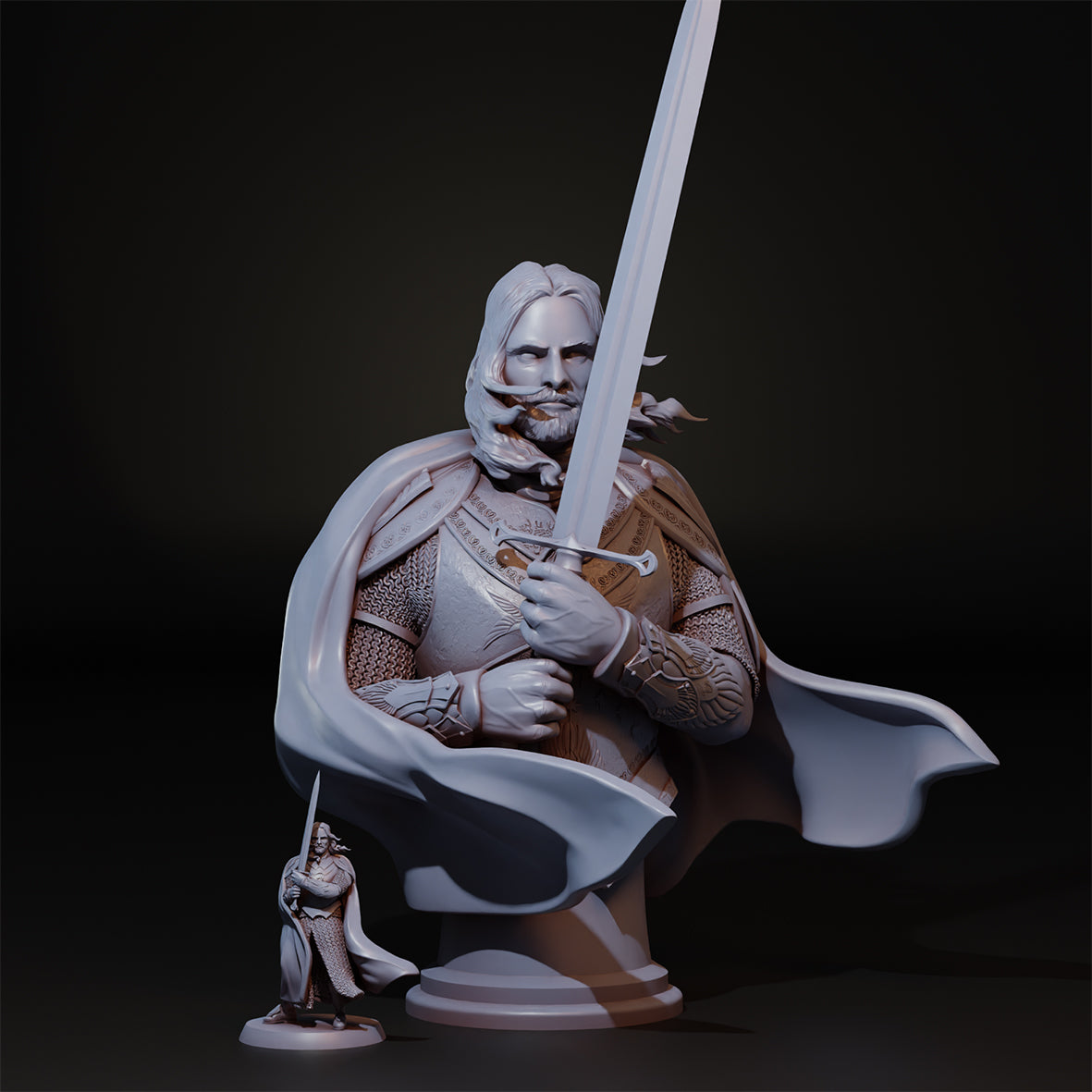 Detailed image of The King tabletop gaming miniature bust by Tattles Told 3D, featuring intricate armor and regal crown.