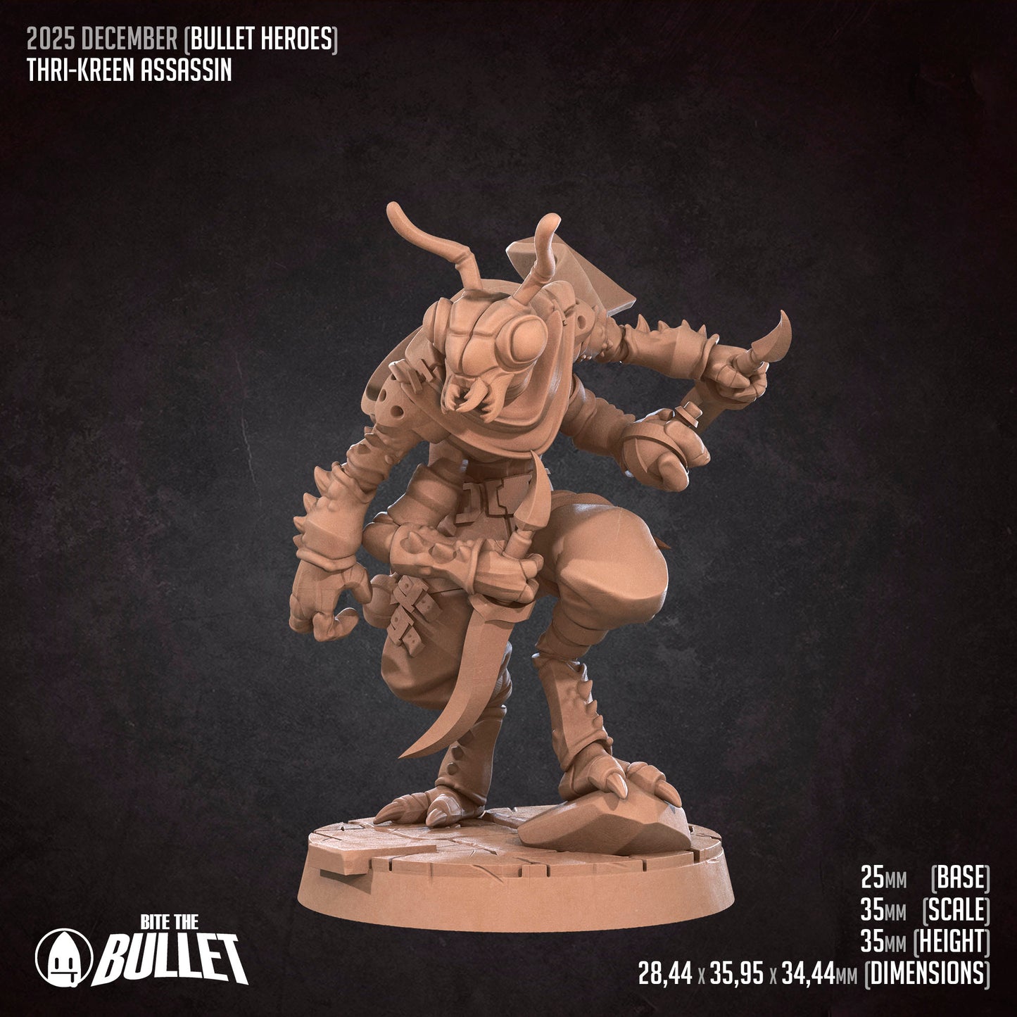 Bullet Heroes, Thri-Kreen Assassin | D&D Pathfinder TTRPG Miniature | Bite the Bullet
