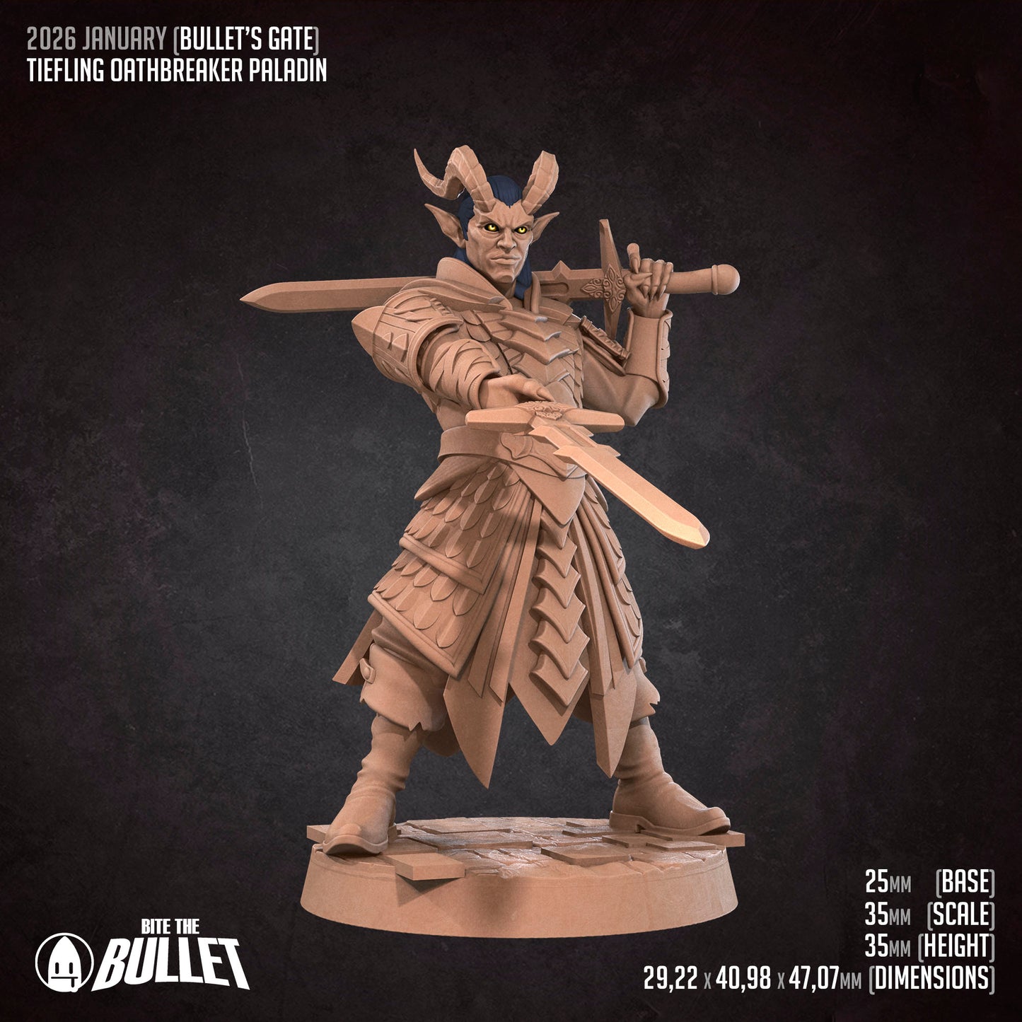 Tiefling Oathbreaker Paladin | D&D Pathfinder TTRPG Miniature | Bite the Bullet