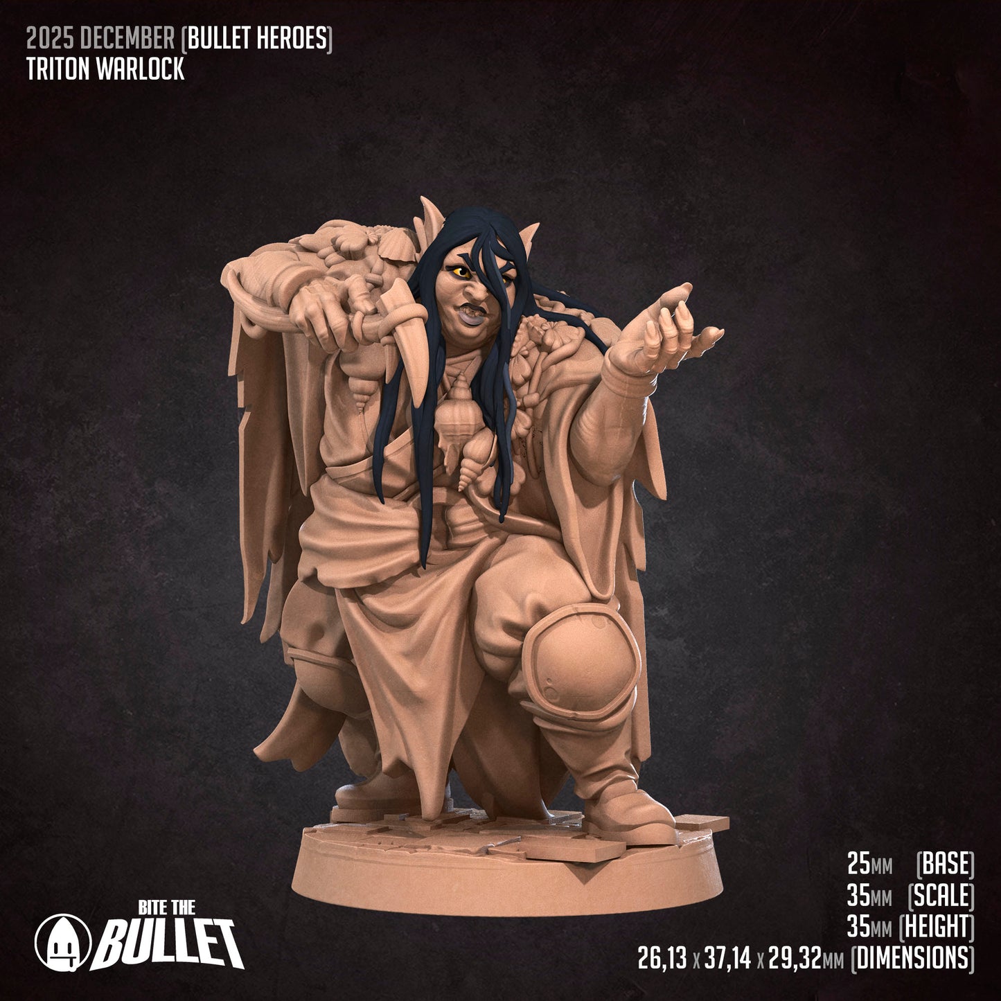 Bullet Heroes, Triton Warlock | D&D Pathfinder TTRPG Miniature | Bite the Bullet