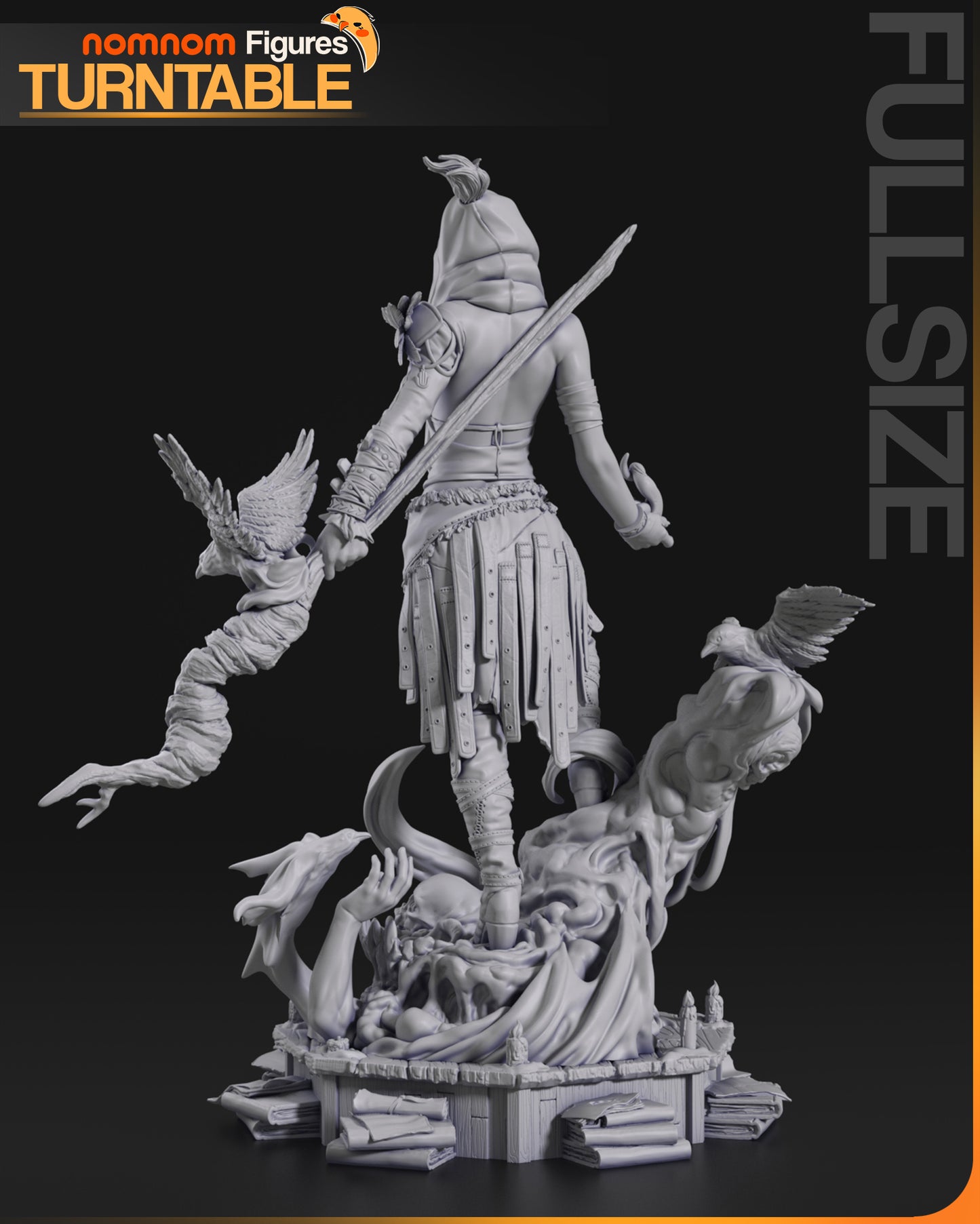 Resin garage kit figure of Wilderness Witch by Tattles Told 3D, displayed on a turntable, showcasing detailed fan art craftsmanship.