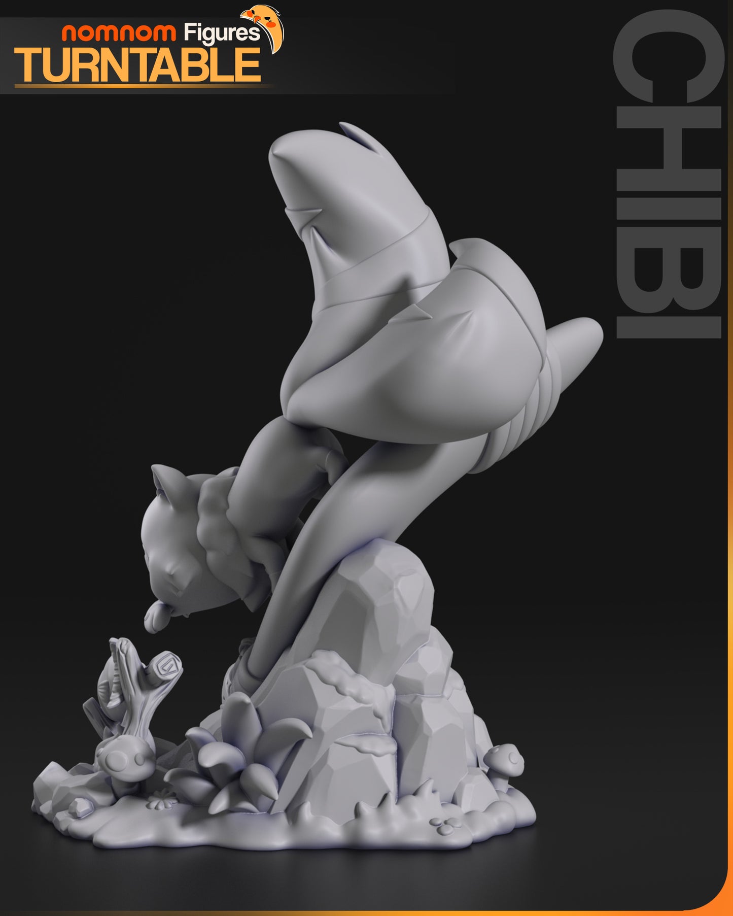 Resin garage kit figure of a chibi demon kitty cat by Tattles Told 3D, displayed on a turntable for anime fan art collection.