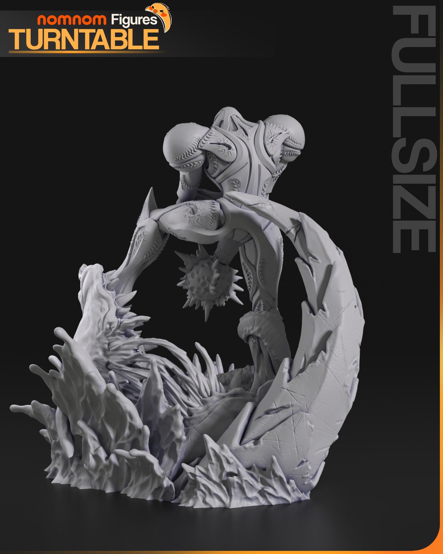 High Tech Dark Hunter resin garage kit figure by Tattles Told 3D, displayed on a turntable with detailed dark-themed design.