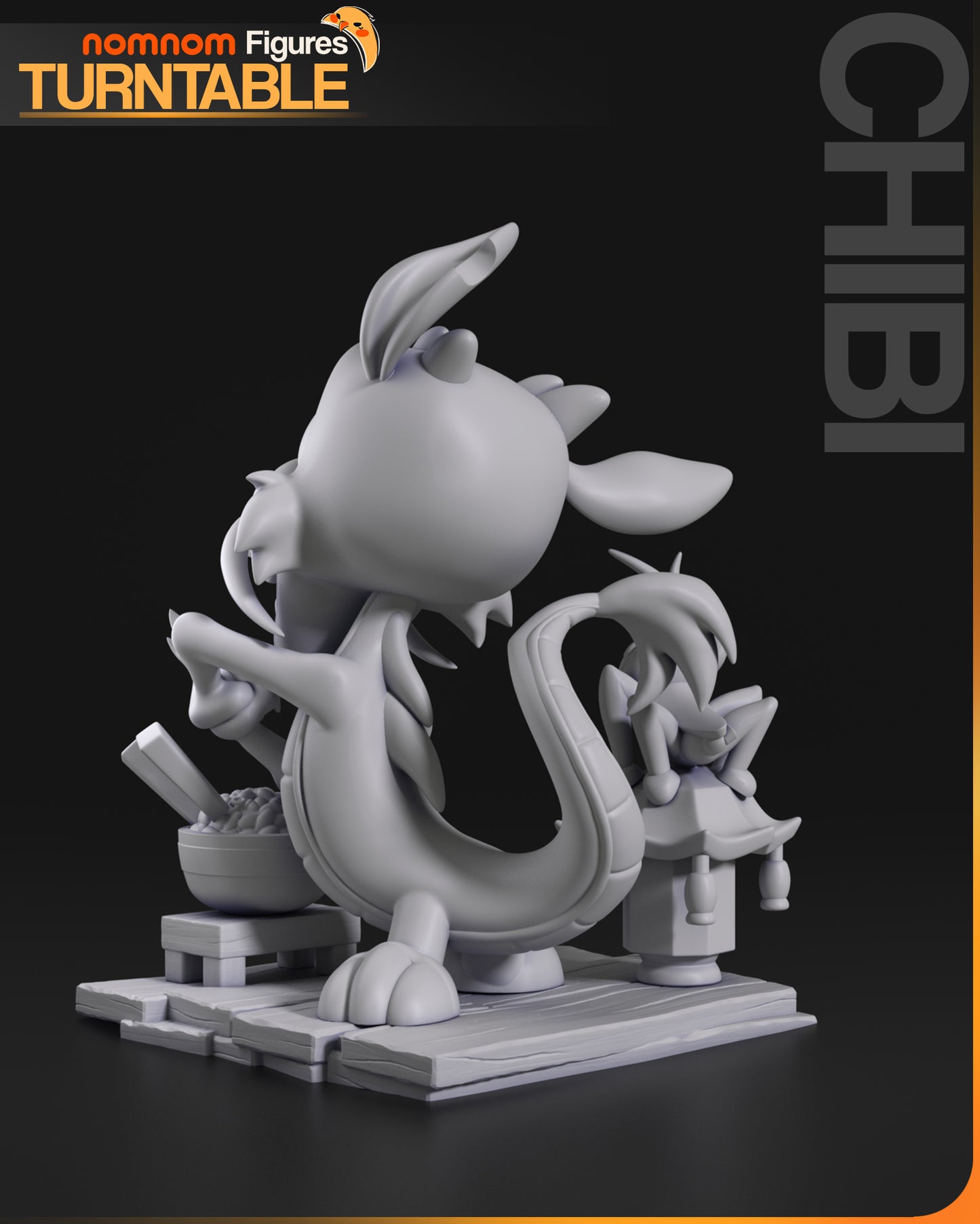 Resin garage kit figure of Chibi Ancestral Guardian by Tattles Told 3D, displayed on turntable, featuring detailed anime fan art design.
