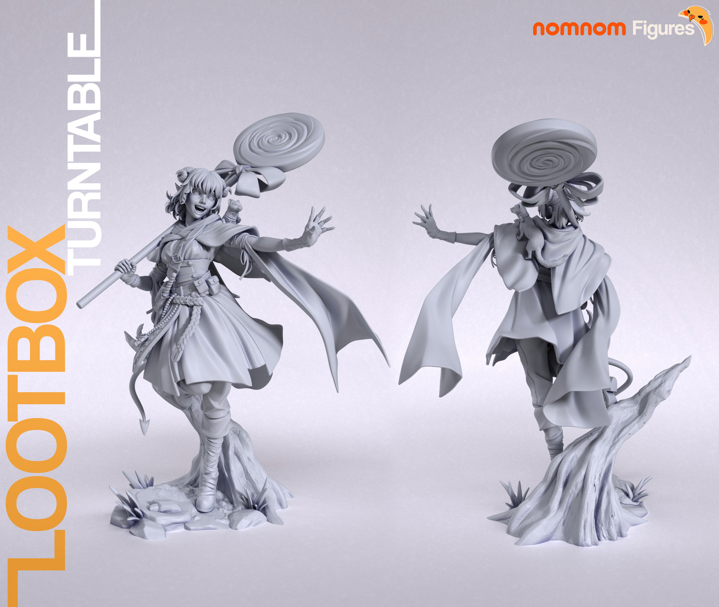 Whimsical Trickster resin garage kit figure by Tattles Told 3D, anime fan art collectible on turntable with detailed features.
