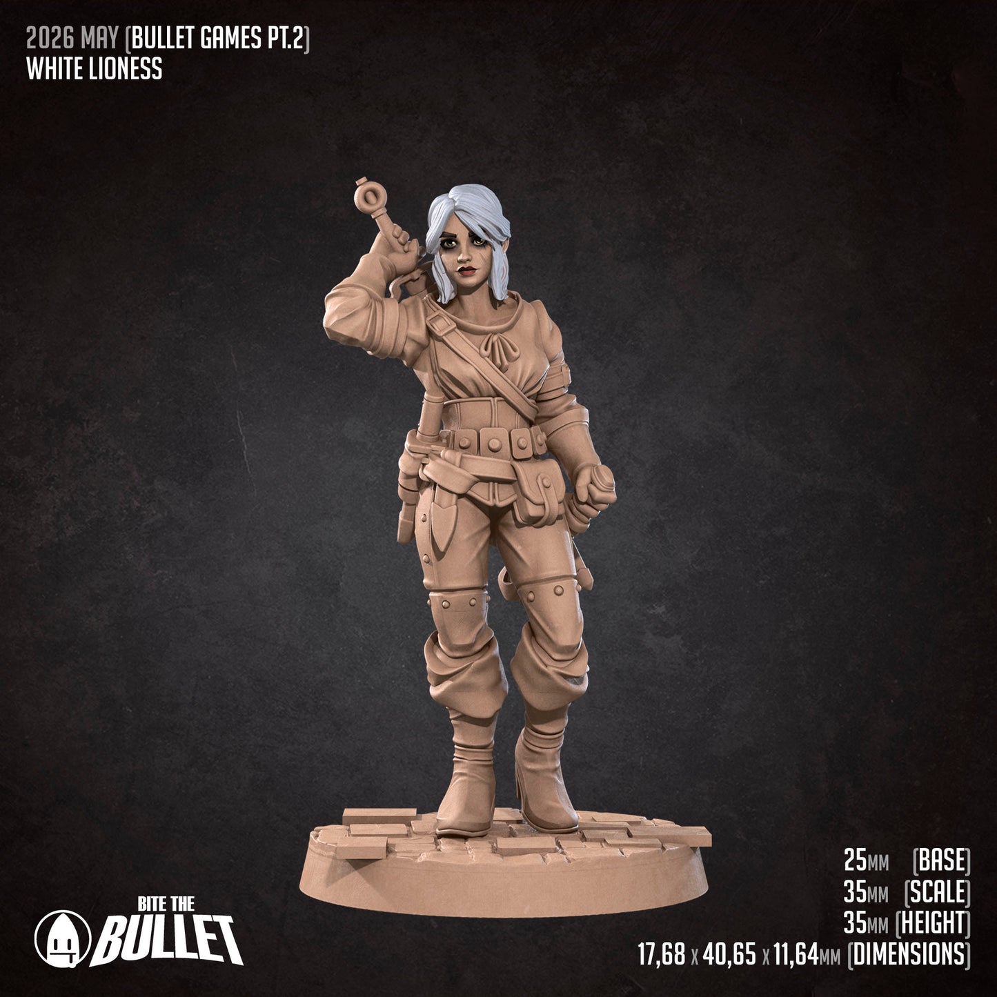 White Lioness D&D miniature by Tattles Told 3D, detailed white lioness figure for tabletop role-playing games.