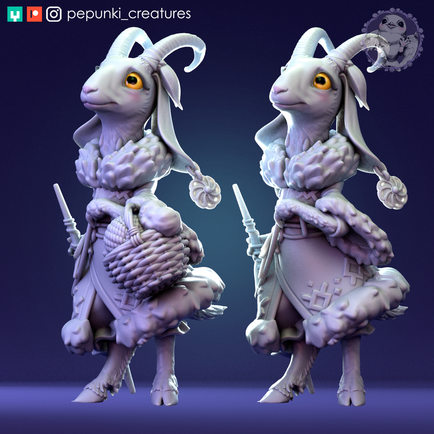 Goat Lady tabletop miniature from Tattles Told 3D, displayed on a flat surface, part of D&D Humblewood TTRPG miniatures collection.