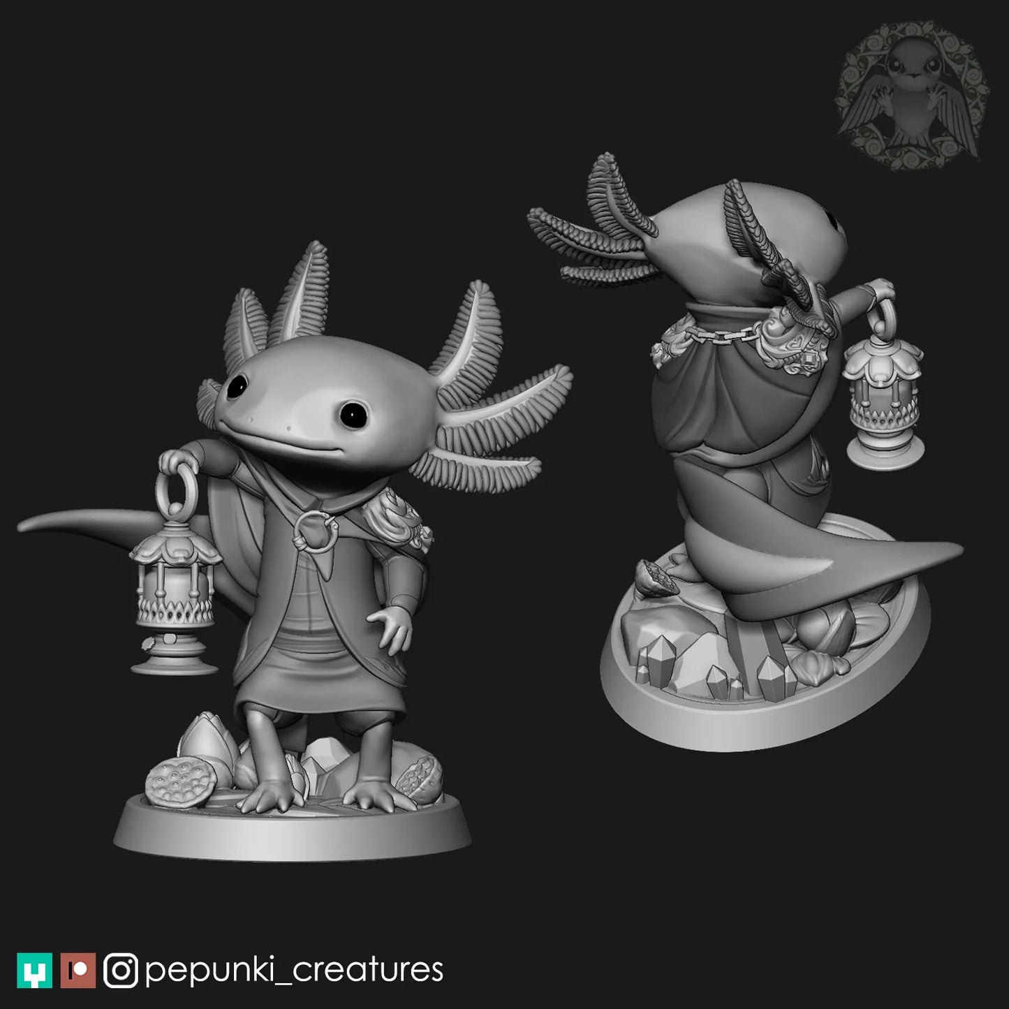 Axolotl and Lamp | Tabletop or Display Scale | D&D Humblewood TTRPG Miniature | Pepunki Creatures