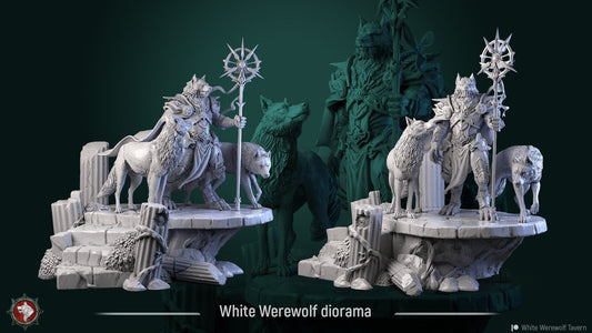 White Werewolf Diorama | TTRPG Miniature | White Werewolf Tavern | Unpainted, Unplated Resin 8k