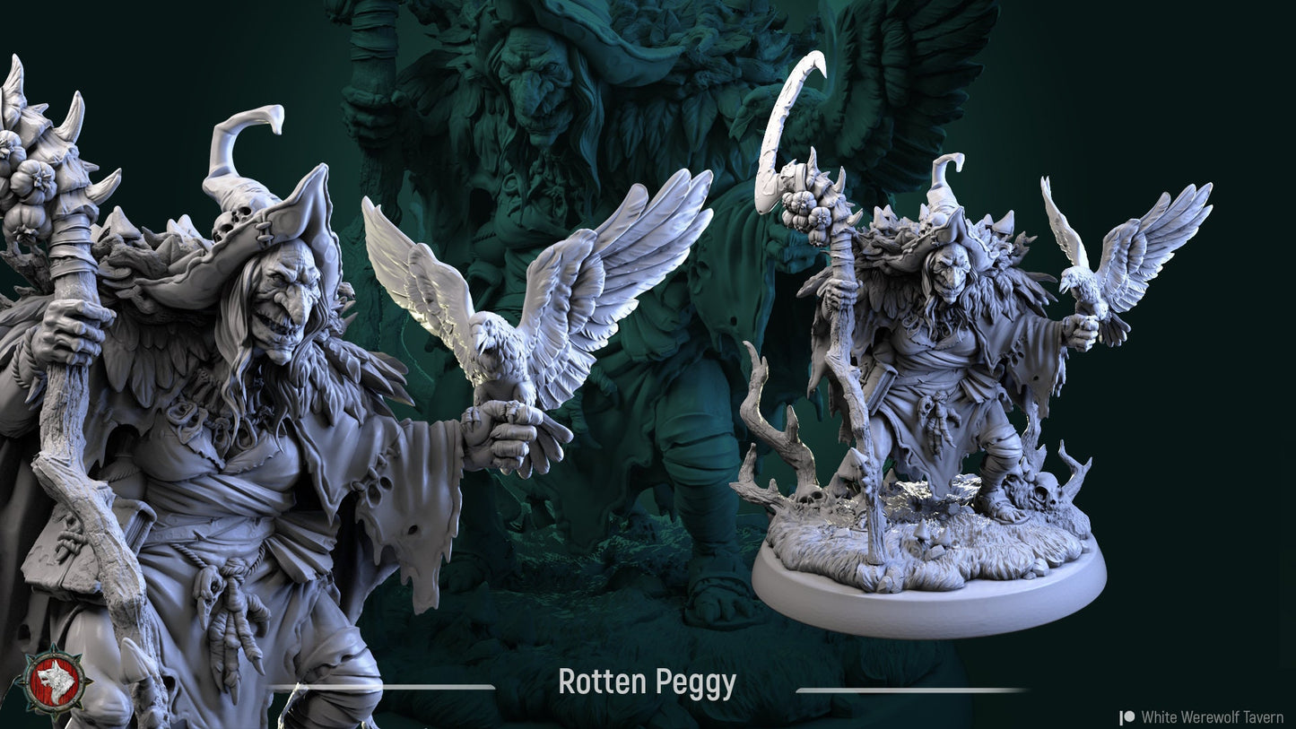 Unpainted resin miniature of Rotten Peggy, a white werewolf tavern character from Tattles Told 3D TTRPG miniatures collection.