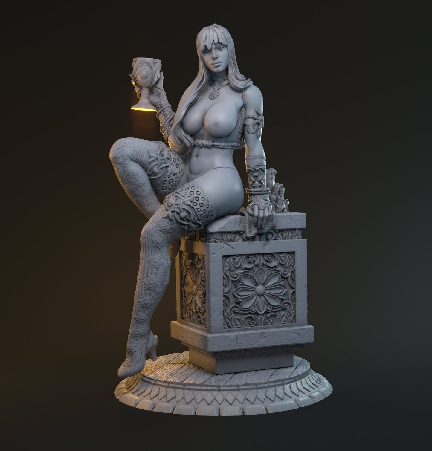 Female human wizard pinup miniature from D&D TTRPG by Tattles Told 3D, featuring Merlin-themed wizard attire and pose.