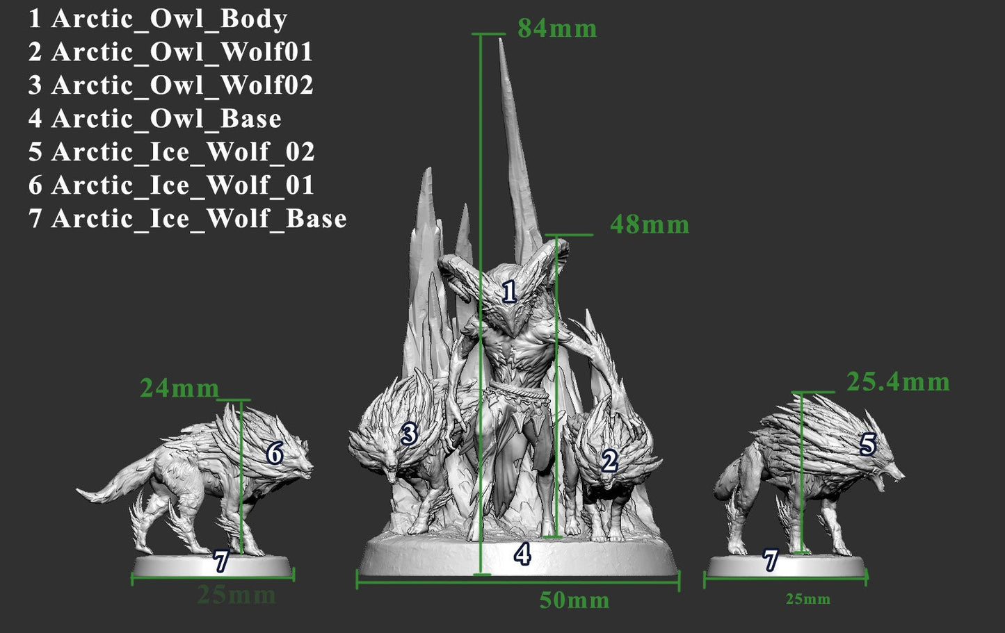 Arctic Owl Wanderer and Ice Wolves | TABLETOP SCALE | D&D TTRPG Mini | Mini Monster Mayhem