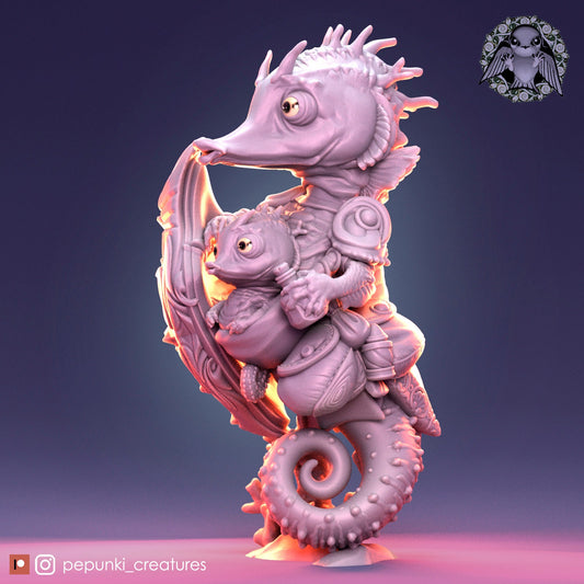 Seahorse Dad and Baby | Tabletop or Display Scale | D&D Humblewood TTRPG Miniature | Pepunki Creatures