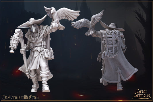 Doctor Corvus, Crow & Potion | TTRPG Miniature | Great Grimoire | Unpainted, Unplated Resin 8k