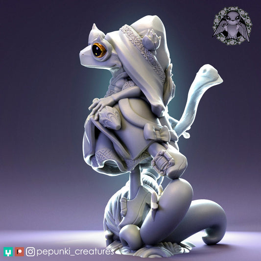 Broom Frog, Magician Witch Warlock | Tabletop or Display Scale | D&D Humblewood TTRPG Miniature | Pepunki Creatures