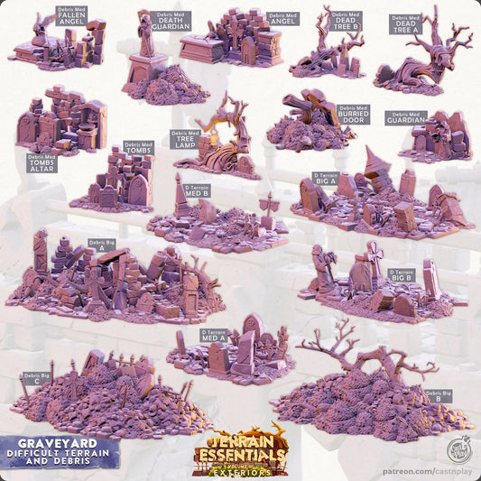 Graveyard Debris / Difficult Terrain, Scatter, Rocks, Gravestones, Rubble, Trees, Tombs, Altar | FULL SET D&D Miniature | Cast n Play
