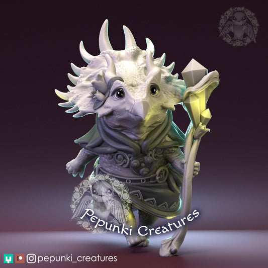 Triceratops Mage | Tabletop or Display Scale | D&D Humblewood TTRPG Miniature | Pepunki Creatures