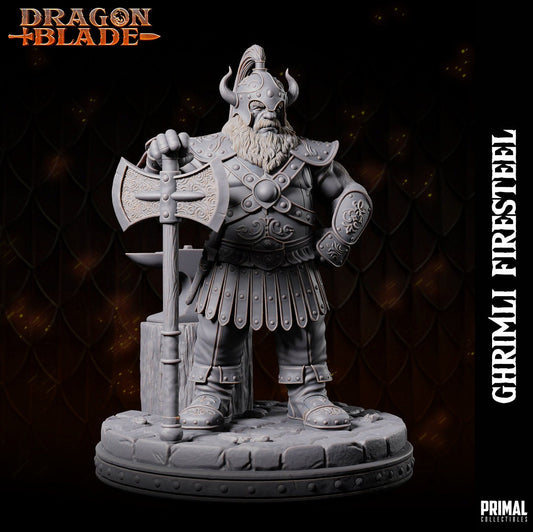 Dwarf Hero Ghrimli Firesteel | Tabletop Scale | TTRPG D&D Miniature | Primal Collectibles