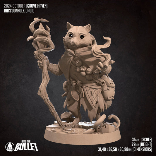 Raccoonfolk Druid | TABLETOP SCALE | D&D Humblewood TTRPG Miniature | Bite the Bullet