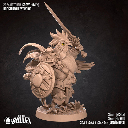 Roosterfolk Warrior | TABLETOP SCALE | D&D Humblewood TTRPG Miniature | Bite the Bullet