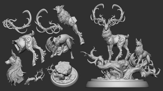 Magic Deer and Magic Fox Diorama | TABLETOP SCALE | TTRPG D&D Miniature | White Werewolf Tavern